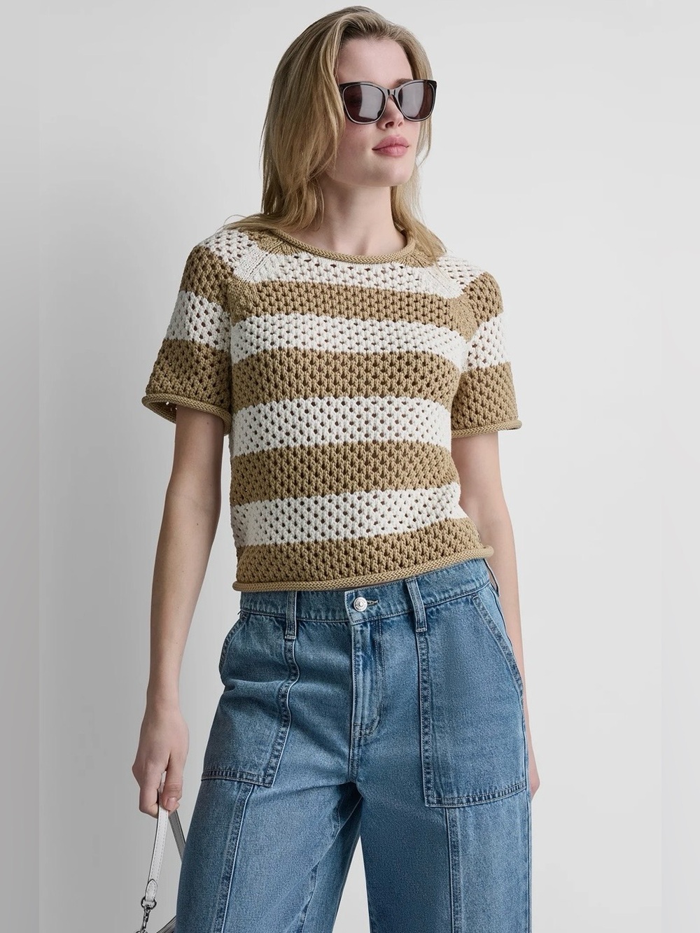 DKNY Beige & White Crochet Stripe Crop Top Short Sleeve Sweater